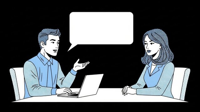 Comic style business meeting with man and woman and blank speech bubble