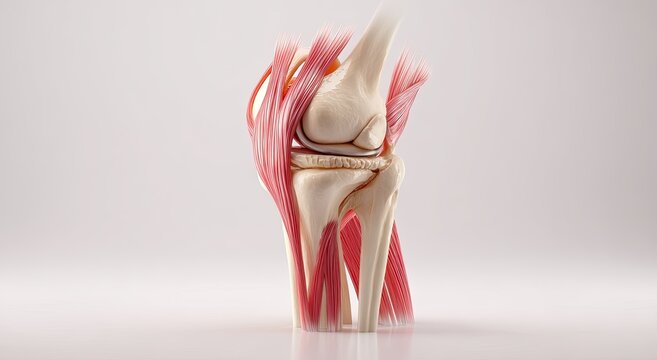 Detailed anatomical illustration of human knee joint with muscles and ligaments