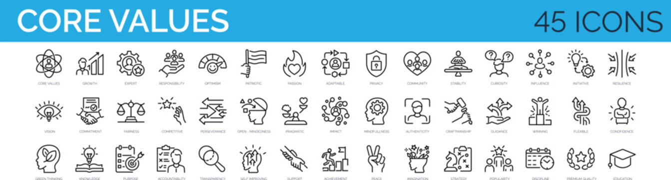 Core Values Icons Set &ndash; Leadership, Vision, Integrity, Teamwork & Business Principles Line Icons Collection