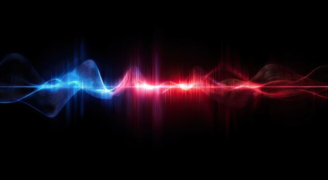 Abstract glowing blue and red waves pulse with light on black background