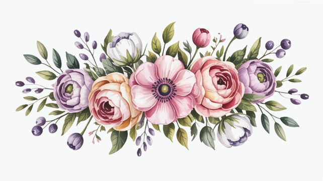 beautiful bouquet of colorful roses and flowers with leaves isolated on white background