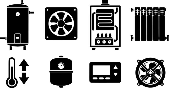 Heating Systems Icons. Heating systems. Filled icon set of Heating systems: boiler, heat pump, solar water
