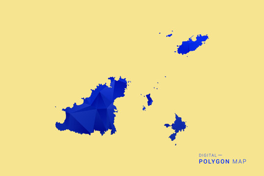 Guernsey Map - Low poly polygon map in deep blue gradient on soft beige background, modern minimal geometric design, clean abstract vector illustration with faceted triangulated style.