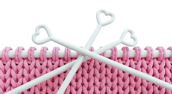 Pink Knitted Fabric with Heart-Shaped Knitting Needles