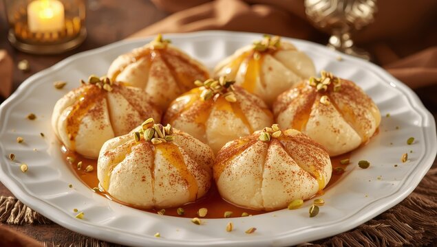 Ramadan Qatayef or Katayef traditional sweets with cheese and cinnamon sticks on a white plate