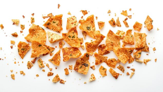 Isolated crumbled pita chips, broken tortillas, crunchy flatbread crumbs with herbs, spicy Mediterranean wheat snack pieces on a white backdrop