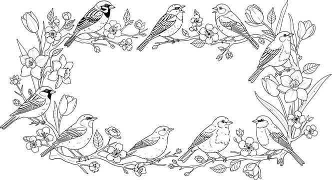 Charming frame of spring songbirds perched on blooming branches adorned with tulips, daffodils, and delicate blossoms, rendered in black and white line art for relaxing coloring.