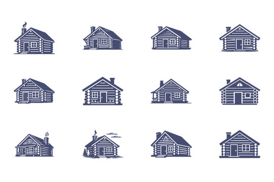 set of blue house icons, log cabin illustrations, home symbols
