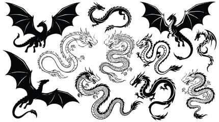 Fototapeta premium Collection of dragon and bat silhouettes and illustrations in various poses and styles together