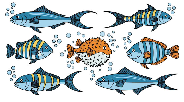 colorful cartoon fish swimming around a pufferfish in water with bubbles