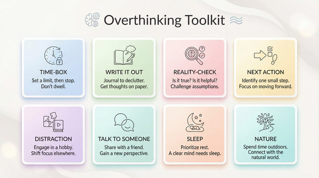 Overthinking tools support calmer thinking. Overthinking toolkit shows time-box, journaling, reality-check, next action, sleep, nature for mental wellness education, therapy support, coping guidance