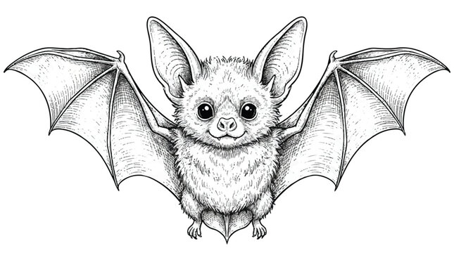 Cute cartoon bat with big ears and wings spread wide on white background