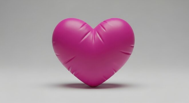 A single bright pink puffy heart shape that looks like an inflated balloon resting softly on a smooth light grey surface