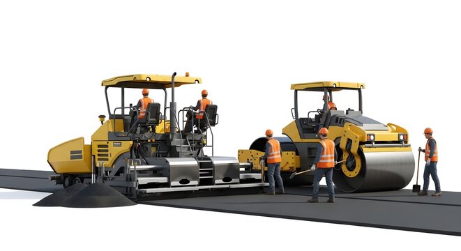 Road Construction Machinery Set with Asphalt Paver, Steam Roller and Workers Isolated on White Background