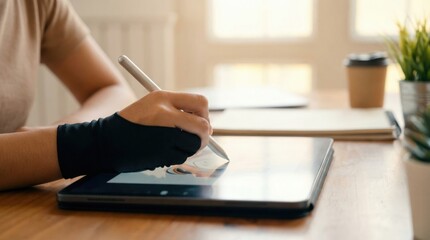 Fototapeta premium young Asian entrepreneur authentic workspace concept. Person using a stylus on a tablet at a wooden desk