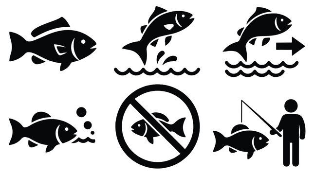 Fish icons with various swimming and fishing actions on white background