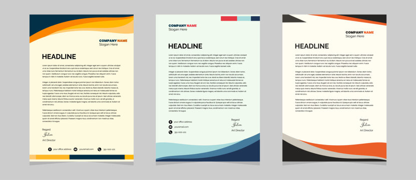A collection of three professional letterhead templates with wavy geometric designs. Easy to edit layouts in orange, blue, and black themes for cohesive corporate branding.