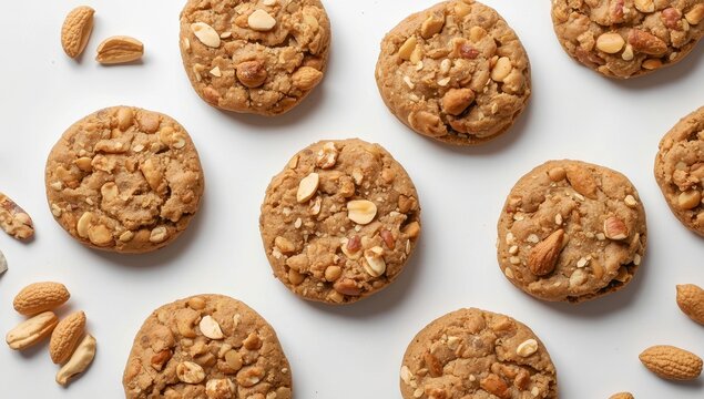 Isolated round protein snacks featuring peanuts, chicory root fiber, gluten-free oats, and natural sweeteners on a white backdrop