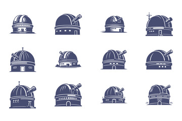 Fototapeta premium set of observatory icons, astronomy symbols, telescope buildings