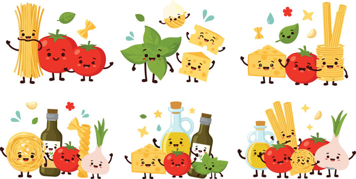 Cute Italian food characters vector set with pasta, tomato, cheese and olive oil, funny cartoon ingredients, cooking illustration collection