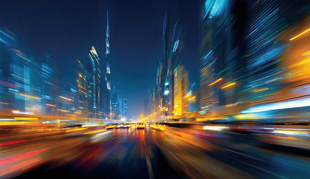 Blurring lights of a modern city at night create a sense of speed and motion
