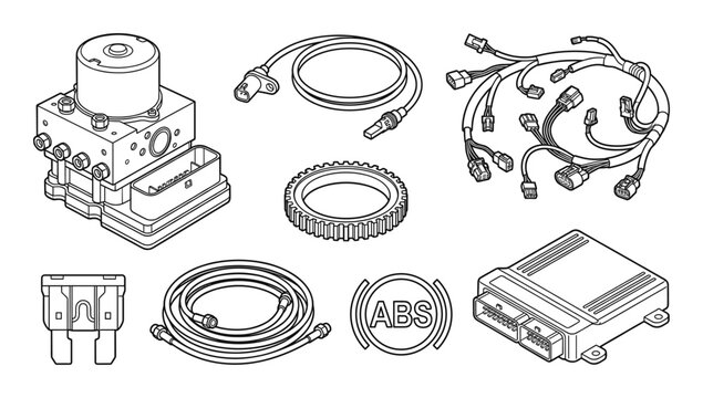 Automotive braking system abs components wiring and electronic control unit set vector illustration