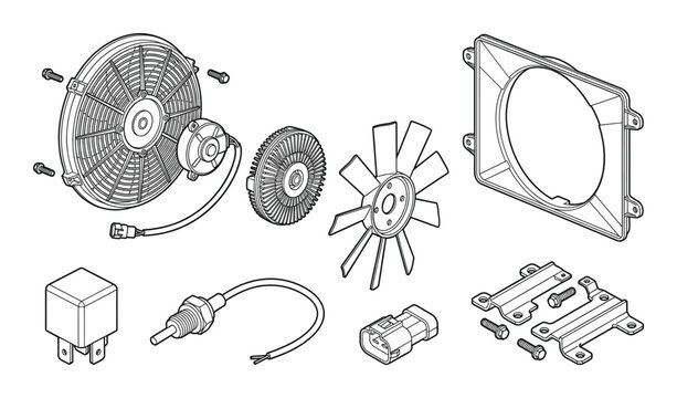 Automotive cooling fan assembly with electric motor radiator shroud relay and temperature sensors