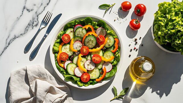 Healthy vegetable salad bowl with fresh colorful ingredients and olive oil on table