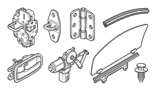 Automotive door components line art, latch, handle, window, and hinge vector set isolated