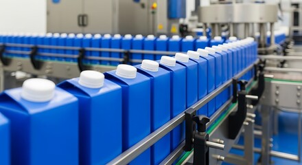 Fototapeta premium Blue Milk Cartons on Conveyor Belt in a Factory.