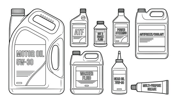 Automotive liquids set outline vector illustration. car service motor oil atf brake power steering