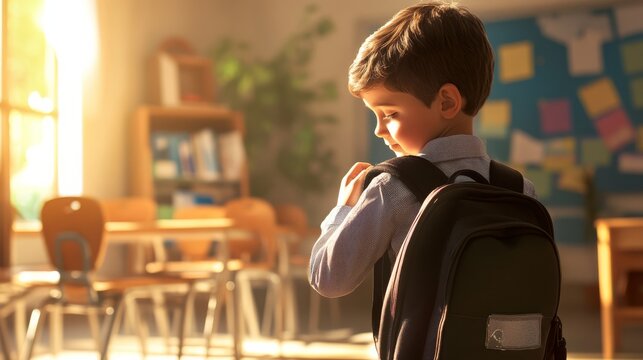 A child nervously adjusting their backpack before entering the classroom for the first time .