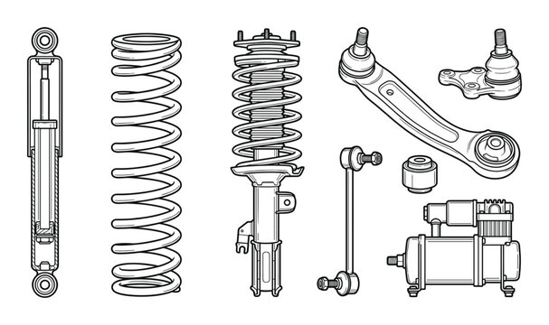 Automotive suspension and chassis parts including shock absorbers springs and control arms drawings