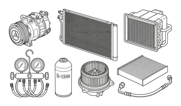 Car air conditioning system components collection vector