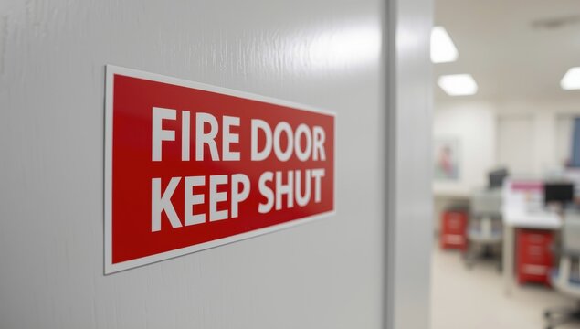 Detailed view of a standard fire door "Keep Shut" notice on an interior door in a UK hospital