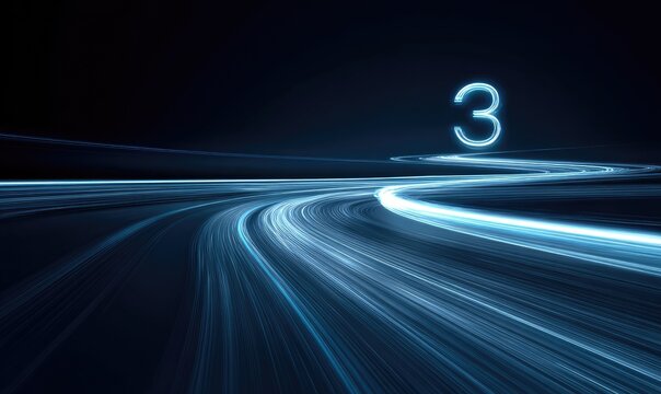 Abstract blue light trails form a winding road leading to a glowing number three