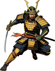 Fototapeta premium Samurai warrior in black and gold armor with horned helmet wields katana sword.
