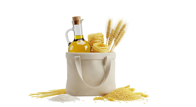 Groceries: Pasta, Rice, Olive Oil, and Wheat in a Canvas Bag