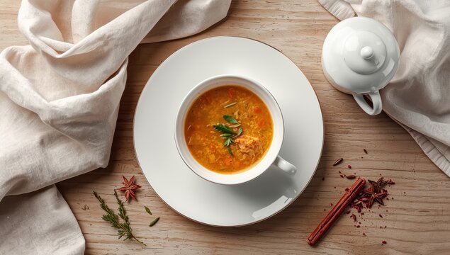 white porcelain bowl, soup, top perspective, ceramics