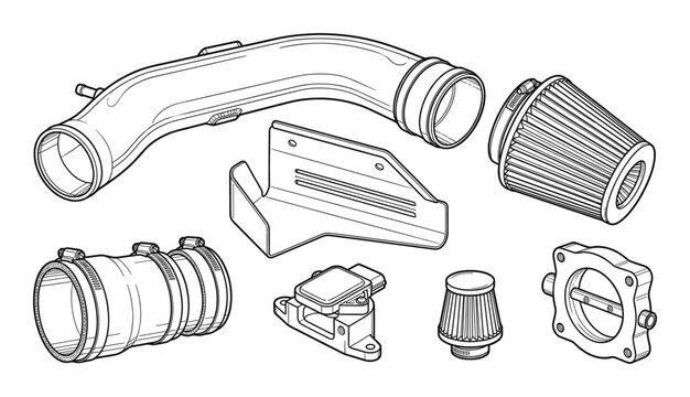Cold air intake system parts and performance engine modifications isolated vector illustration set