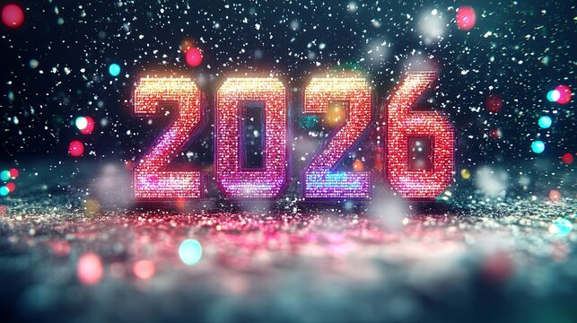 Retro-futuristic digital greeting with pixel-art 2026, blinking lights, virtual snow, dark background .