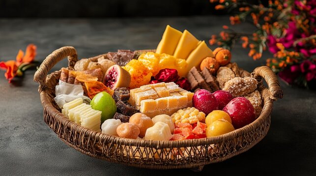 Sankranti gift basket with sweets and fruit .