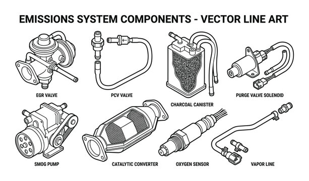Emissions system components vector line art collection of automotive engine parts