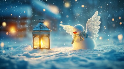 Obraz premium Snow angel in fresh powder near glowing lantern .