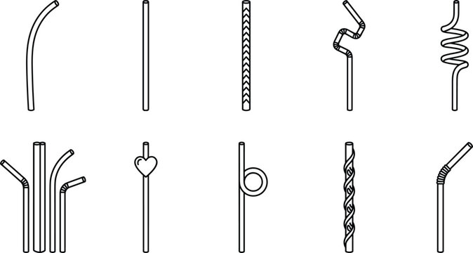 Drinking straw line icon set with straight bent spiral and decorative shapes minimal beverage tube collection