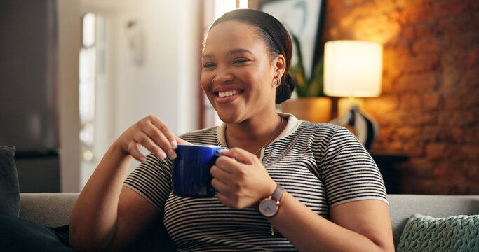 Smile, woman and thinking with coffee on couch for peace, daydreaming and calm morning. Happy, person and caffeine beverage with reflection, nostalgia memory and perspective for weekend break in home