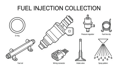 Fototapeta premium Fuel injection system components and hardware collection with labels isolated on transparent background