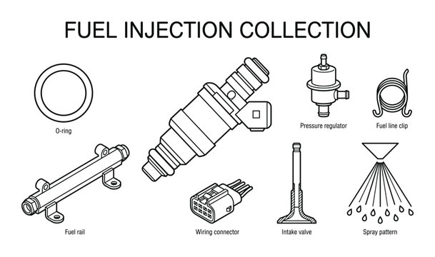 Fuel injection system components and hardware collection with labels isolated on transparent background