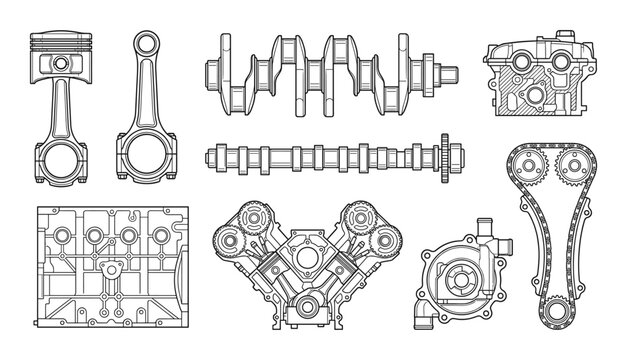 Internal combustion engine components on a transparent background vector art