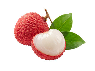 Ripe Lychee with Green Leaves and Open Fruit Isolated on Transparent Background
